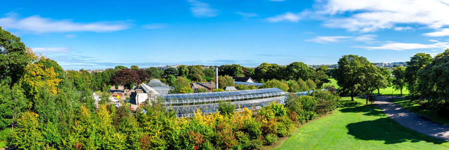 Panoramablick auf David Welch Winter Gardens und Duthie Park von der Spitze des Mound 