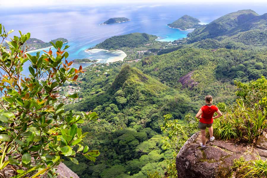 Klippe am Morne Blanc View Point und blickt auf die Küste der Insel Mahe