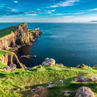 Stunning dusk at the Neist point lighthouse in Isle of Skye, Scotland