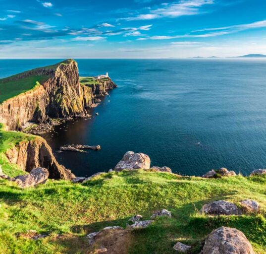 Stunning dusk at the Neist point lighthouse in Isle of Skye, Scotland