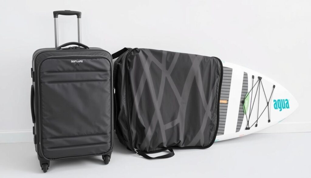 Aqua Marina Fusion SUP Board zusammengerollt neben Reisekoffer für Größenvergleich Aqua Marina Fusion SUP Board zusammengerollt neben Reisekoffer für Größenvergleich
