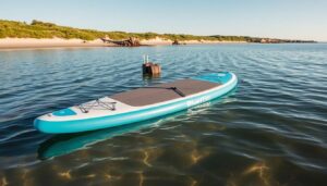 Bluefin Cruise 10'8 SUP Board auf dem Wasser mit Reisegepäck am Ufer