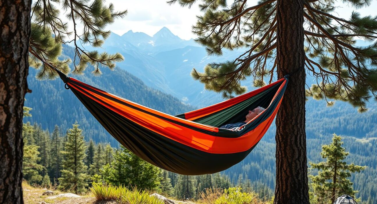 Eine aufgehängte Reisehängematte zwischen zwei Bäumen mit Blick auf Berglandschaft