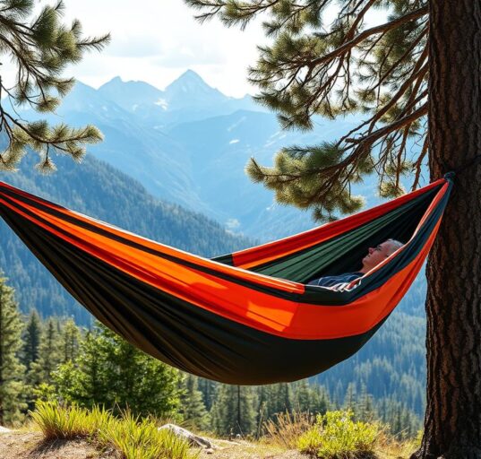 Eine aufgehängte Reisehängematte zwischen zwei Bäumen mit Blick auf Berglandschaft