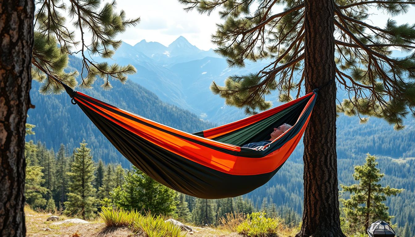 Eine aufgehängte Reisehängematte zwischen zwei Bäumen mit Blick auf Berglandschaft