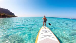 Fanatic Fly Air SUP Board auf türkisblauem Wasser in einer Urlaubsbucht