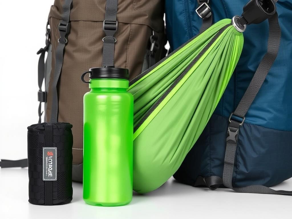 Kompakt zusammengefaltete Reisehängematte neben einem Rucksack