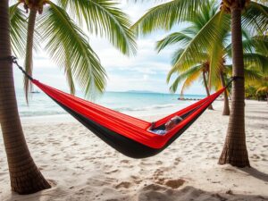 Person entspannt in einer Reisehängematte am Strand