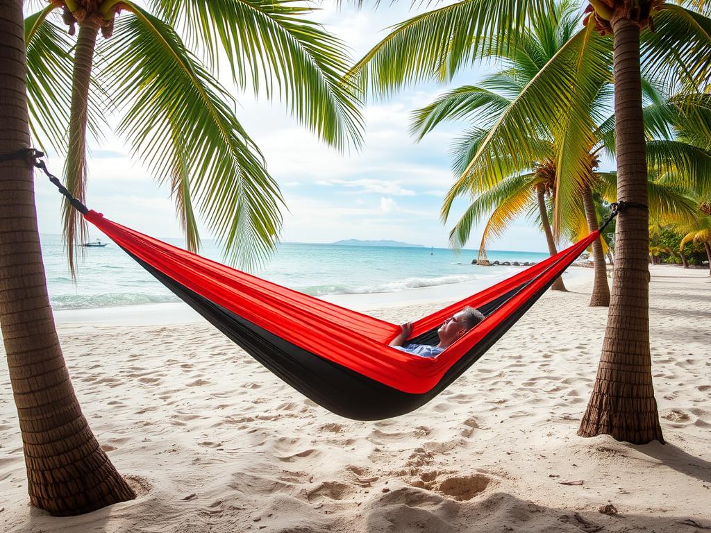 Person entspannt in einer Reisehängematte am Strand