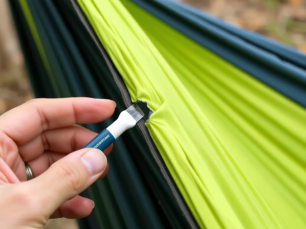 Reparatur eines kleinen Risses in einer Reisehängematte