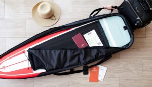 SUP Board im Flugzeugkoffer mit Reisegepäck und Reisepass