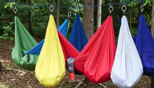 Verschiedene Reisehängematten aus Fallschirmseide in unterschiedlichen Farben