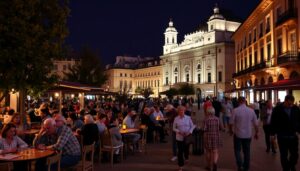 Abendliche Stimmung auf dem zentralen Platz in Plovdiv mit belebten Cafés und lokalen Bewohnern