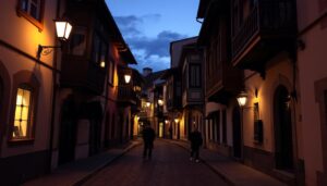 Abendliche Stimmung in einer traditionellen Gasse der Altstadt von Plovdiv mit typisch bulgarischer Architektur und warmem Licht