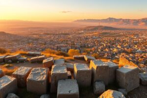 Blick auf die antiken Ruinen von Nebet Tepe mit Panoramaaussicht über Plovdiv bei Sonnenuntergang