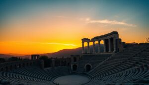 Das beeindruckende antike Theater von Plovdiv bei Sonnenuntergang mit Blick auf die Rhodopen-Berge im Hintergrund