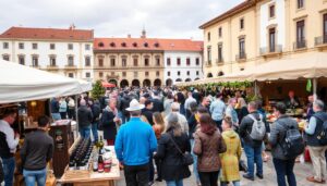 Das jährliche Weinfestival 'Young Wine' in Plovdiv mit Verkostungsständen und feiernden Besuchern