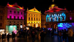 Die 'Nacht der Museen und Galerien' in Plovdiv mit beleuchteten historischen Gebäuden und Kunstinstallationen