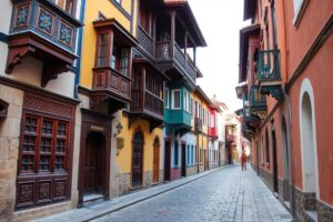 Eine malerische Gasse in der Altstadt von Plovdiv mit farbenfrohen Renaissancehäusern und traditioneller Architektur