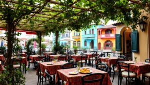 Gemütliche Terrasse eines traditionellen Restaurants in der Altstadt von Plovdiv mit typisch bulgarischen Gerichten