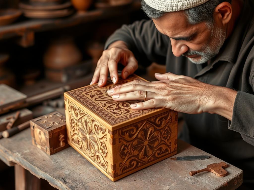 Kunsthandwerker arbeitet an Thujaholz in einer Werkstatt in Essaouira - Städtereise Essaouira