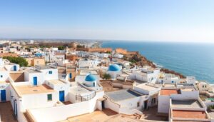 Panoramablick auf die weiße Stadt Essaouira mit blauem Atlantik im Hintergrund und der historischen Stadtmauer - Städtereise Essaouira