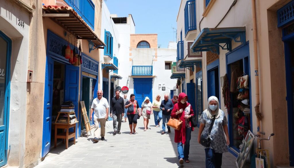 Straßenszene in Essaouira mit typischen blauen Details und Geschäften - Städtereise Essaouira