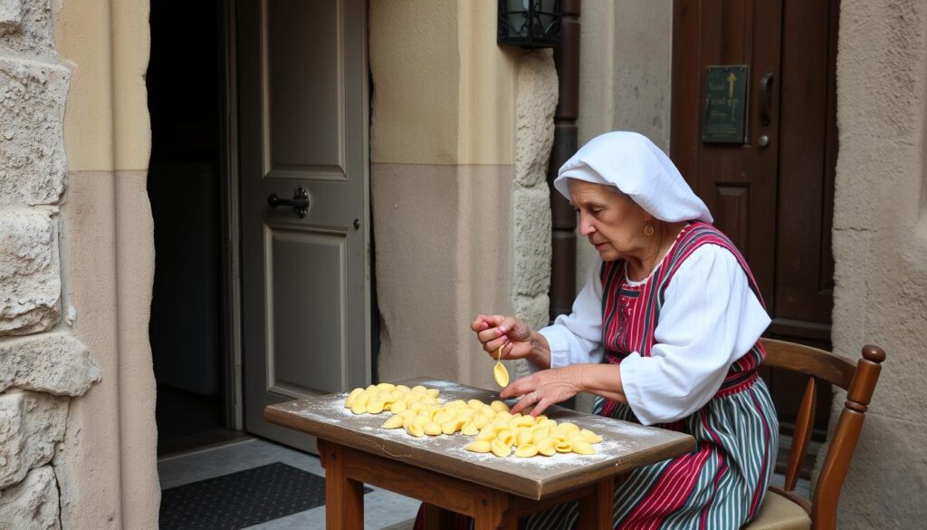 Traditionelle Orecchiette-Pasta wird von einer lokalen Frau während einer Städtereise nach Lecce hergestellt