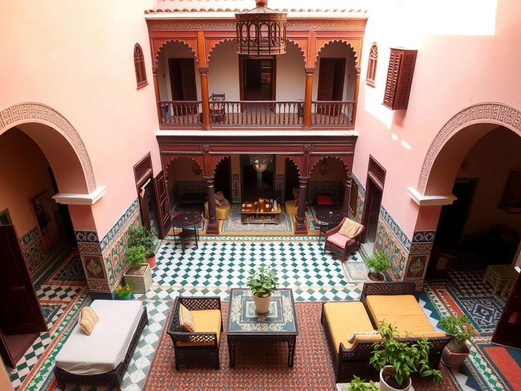 Traditioneller Riad in Essaouira mit Innenhof und marokkanischer Architektur - Städtereise Essaouira