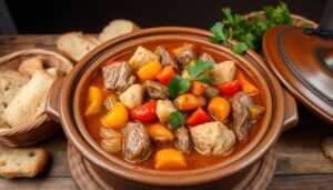 Traditionelles bulgarisches Gericht Kavarma in einem Tontopf serviert mit frischem Brot