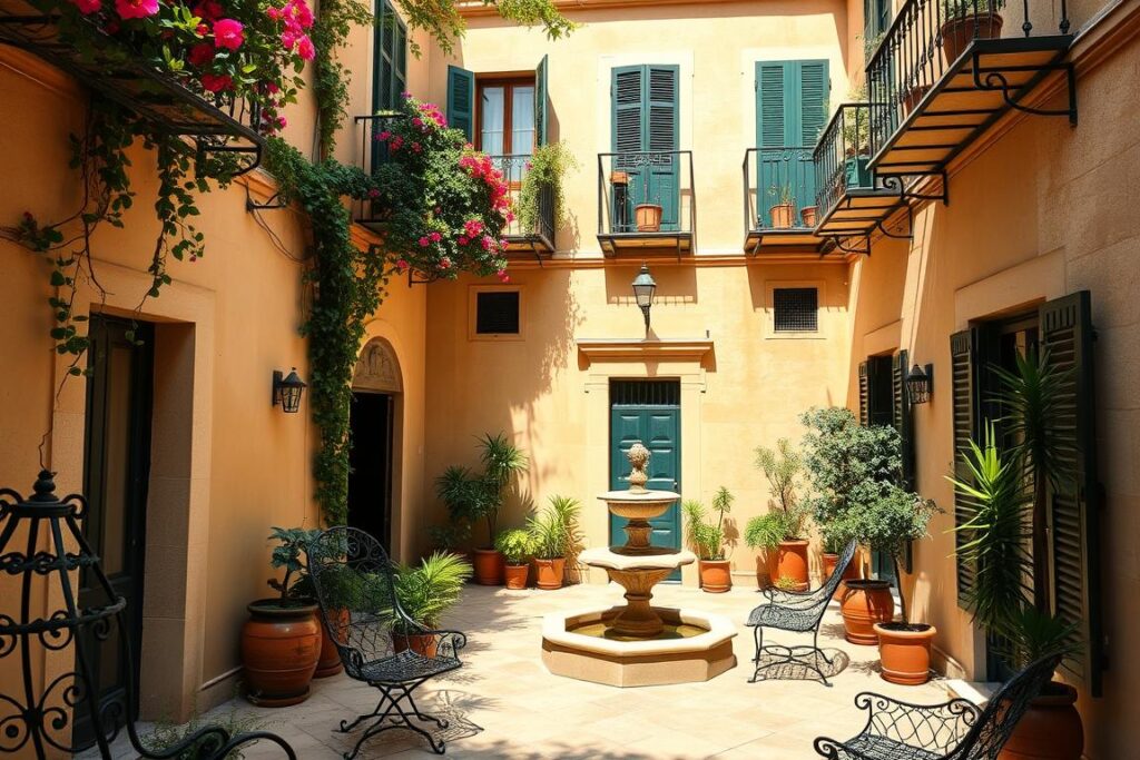 Typischer Innenhof eines historischen Palazzo in Lecce mit blühenden Pflanzen