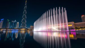 Burj Khalifa und Dubai Fountain bei Nacht