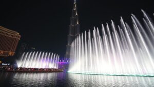 Dubai Fountain Show vor dem Burj Khalifa bei Nacht