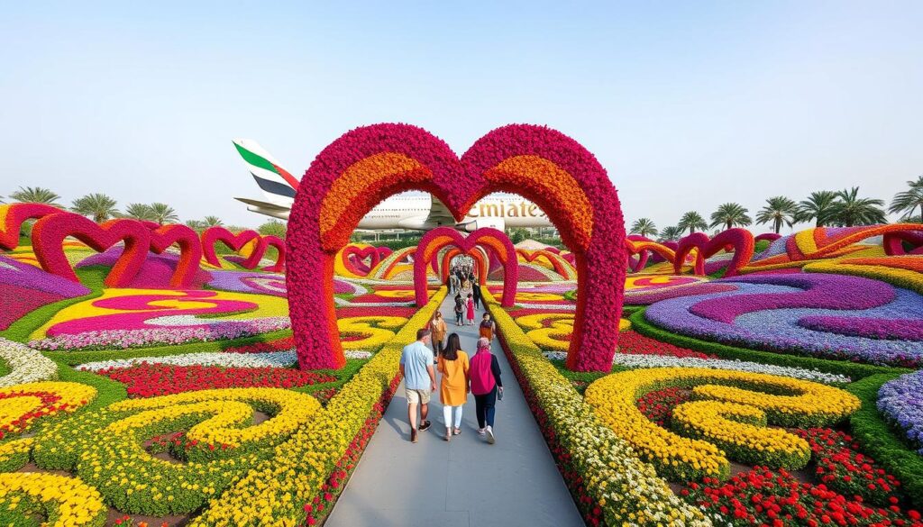 Dubai Miracle Gardens mit bunten Blumenarrangements Dubai Miracle Gardens mit bunten Blumenarrangements