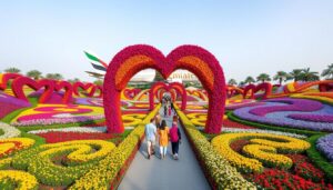 Dubai Miracle Gardens mit bunten Blumenarrangements