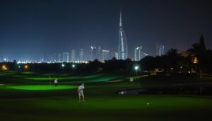 Flutlichtgolf im Emirates Golf Club mit Dubai Skyline