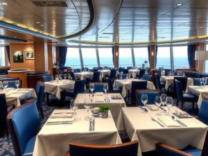 Restaurant auf der Mein Schiff 3 mit gedeckten Tischen
