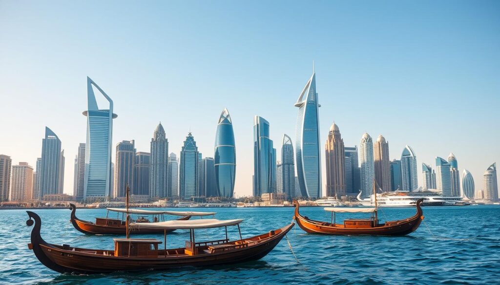 Skyline von Doha mit traditionellen Dhow-Booten im Vordergrund Skyline von Doha mit traditionellen Dhow-Booten im Vordergrund