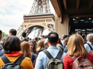 Besucher warten in der Schlange vor dem Eiffelturm Paris, Tipps zur Vermeidung von Wartezeiten
