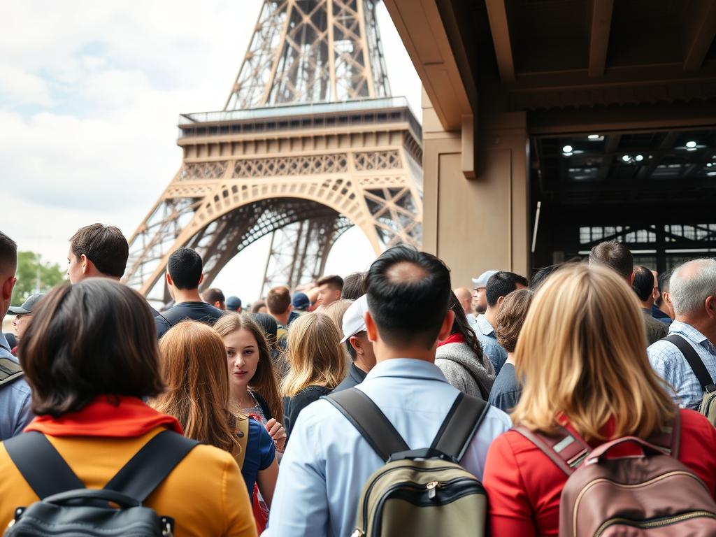 Besucher warten in der Schlange vor dem Eiffelturm Paris, Tipps zur Vermeidung von Wartezeiten