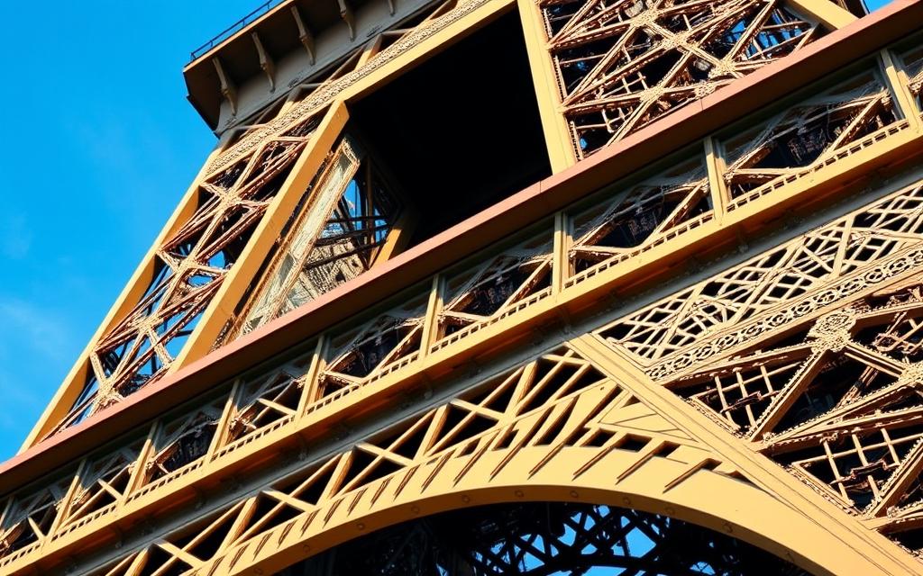 Detailaufnahme der filigranen Eisenkonstruktion des Eiffelturm Paris mit Blick auf die architektonischen Details