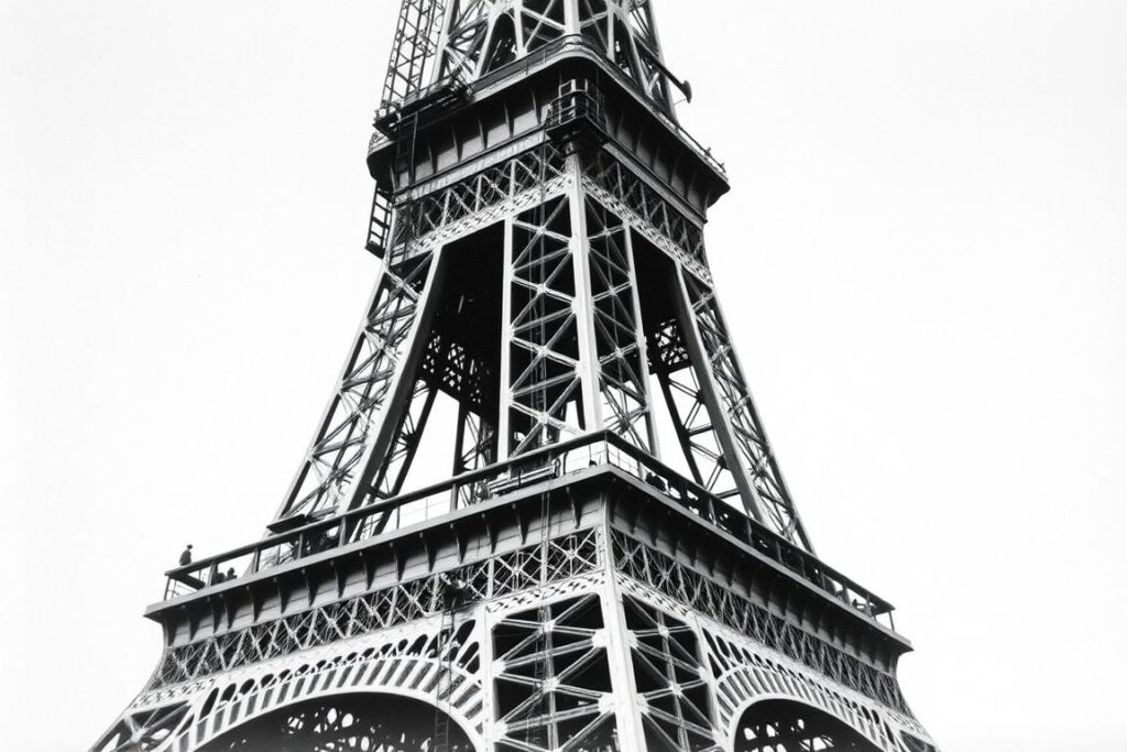 Historisches Schwarz-Weiß-Foto vom Bau des Eiffelturm Paris mit Baugerüsten und Arbeitern