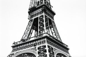 Historisches Schwarz-Weiß-Foto vom Bau des Eiffelturm Paris mit Baugerüsten und Arbeitern