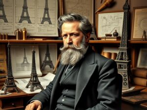Porträt von Gustave Eiffel, dem Erbauer des Eiffelturm Paris, mit Bauplänen und Modellen