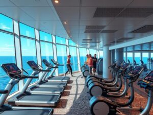 Fitnessbereich auf der Mein Schiff Relax mit Meerblick
