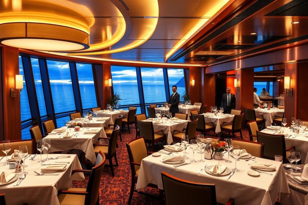Restaurant auf der Mein Schiff 1 mit festlich gedeckten Tischen für die Rock 'n' Sail 2026 Restaurant auf der Mein Schiff 1 mit festlich gedeckten Tischen für die Rock 'n' Sail 2026