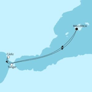Routenkarte der David Garrett Cruise 2026 im westlichen Mittelmeer mit Stopps in Cádiz und Tanger