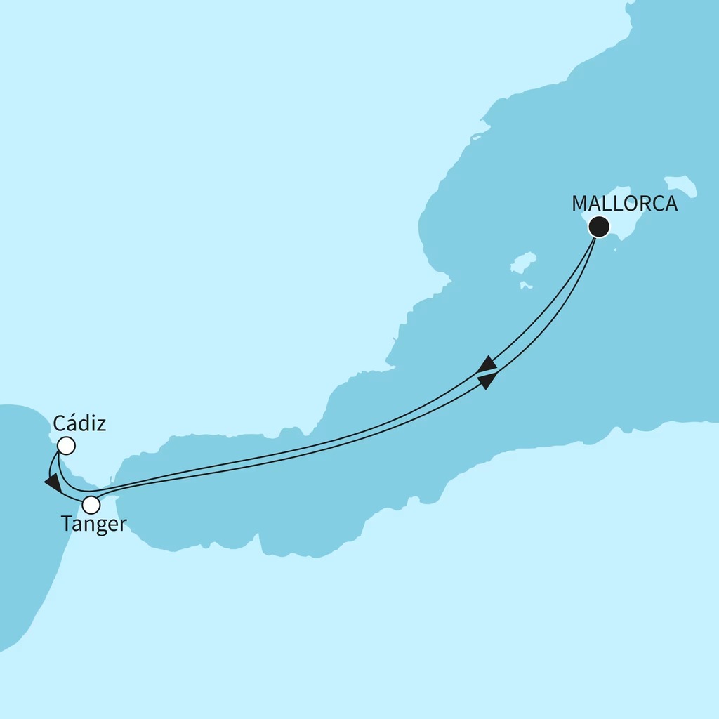 Routenkarte der David Garrett Cruise 2026 im westlichen Mittelmeer mit Stopps in Cádiz und Tanger Routenkarte der David Garrett Cruise 2026 im westlichen Mittelmeer mit Stopps in Cádiz und Tanger