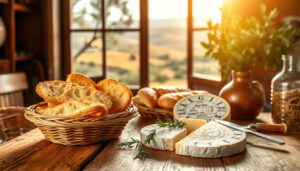 Traditionelle sardische Küche mit Pane Carasau und Pecorino Sardo