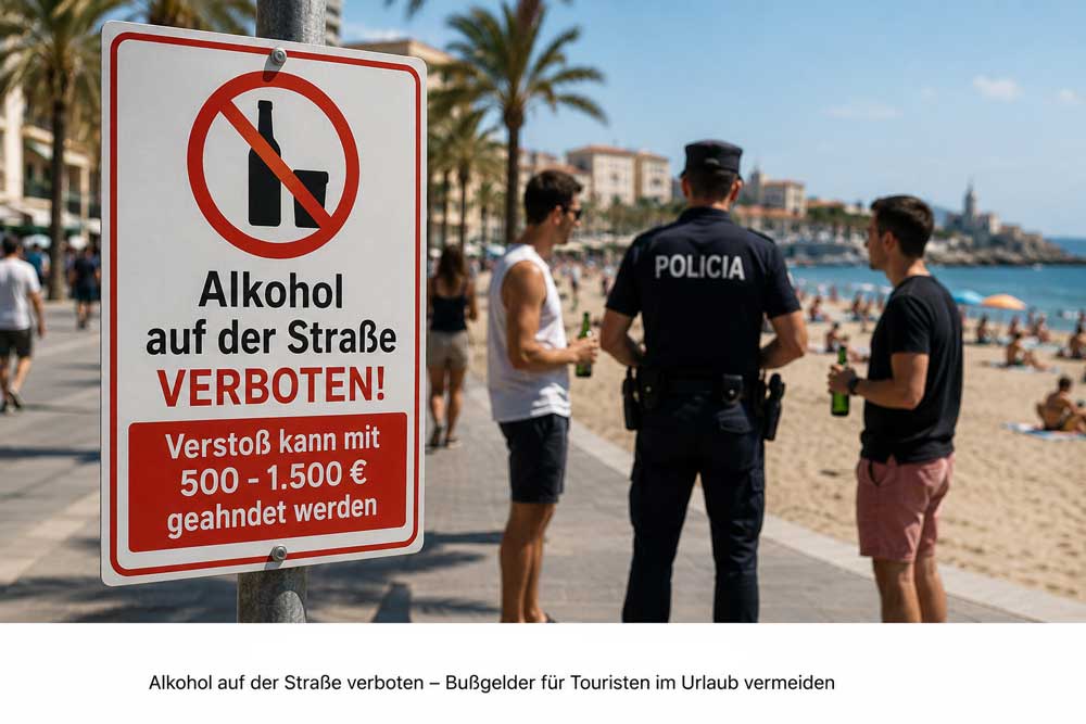 Verbotsschild gegen Alkohol auf der Straße an einer Strandpromenade, während ein Polizist Touristen kontrolliert.
